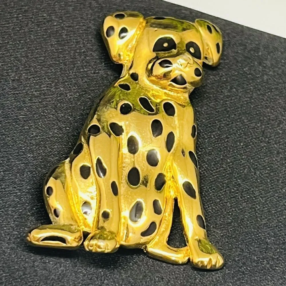 Vintage Black Enamel Spotted Dalmatian Dog Puppy Animal Brooch Gold Pin 1177